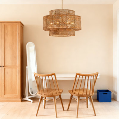 24-Inch Rattan Chandelier With Wicker Shade, 6-Light Farmhouse Pendant Lighting For Dining Room Kitchen Bedroom Living Room Foyer, Hand Woven Boho Rustic Fixture With Adjustable Height
