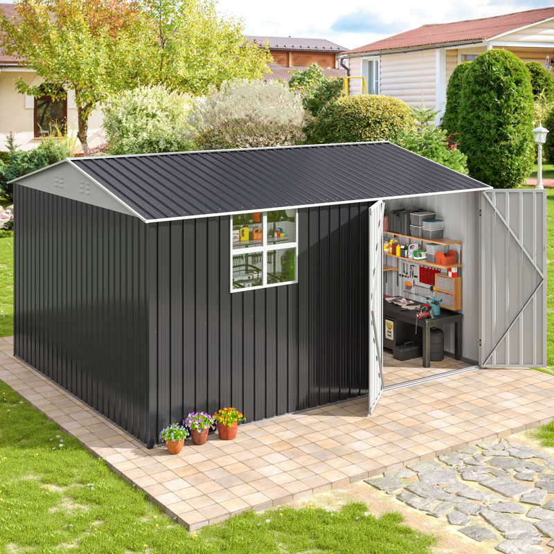12 ft. W x 10 ft. D Outdoor Metal Storage Shed with Windows, Reinforced Steel Frame and Lockable Doors