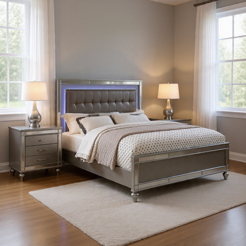 Ensemble de chambre à coucher grand lit, bois argenté, ensemble de 2 pièces avec table de chevet, 2 Pcs: Bed, Nightstand