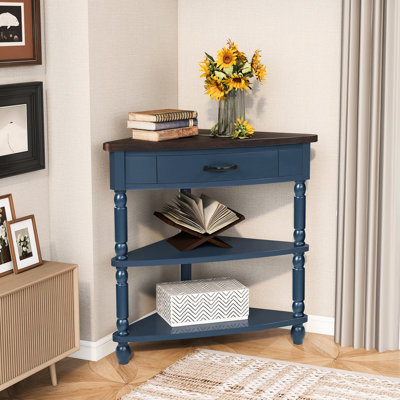 Table de coin compacte à 3 niveaux, idéale pour les petits espaces, 86 cm de long, pieds en bois d'hévéa massif, fini bleu marine, parfaite pour exposer livres et tasses, sans vis apparentes. Plateau triangulaire de 87,4 cm de long avec plateau, multifonctionnel et facile à monter.