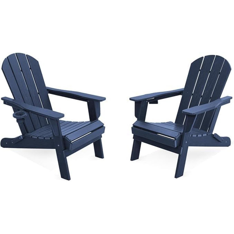 Folding Adirondack Chair Set Of HDPE All-Weather Folding Adirondack Chair With Cup Holders, Outdoor Patio Adirondack Chair For Deck Lawn Fire
