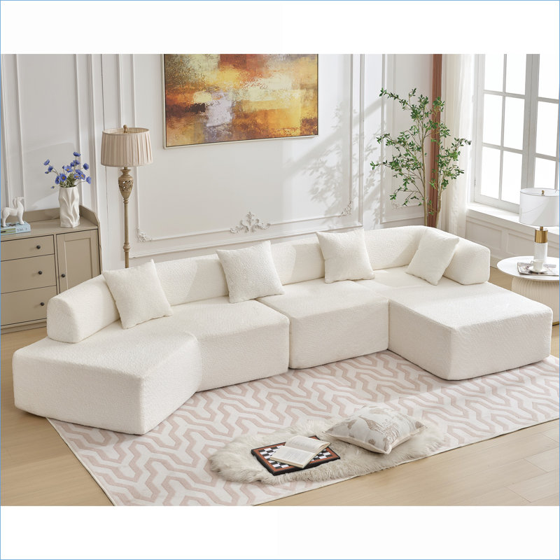 Canapés modulaires | Canapé modulaire en L 140 po à 4 places pour salon, Boucle minimaliste moderne avec méridienne | blanc cassé | Polyester