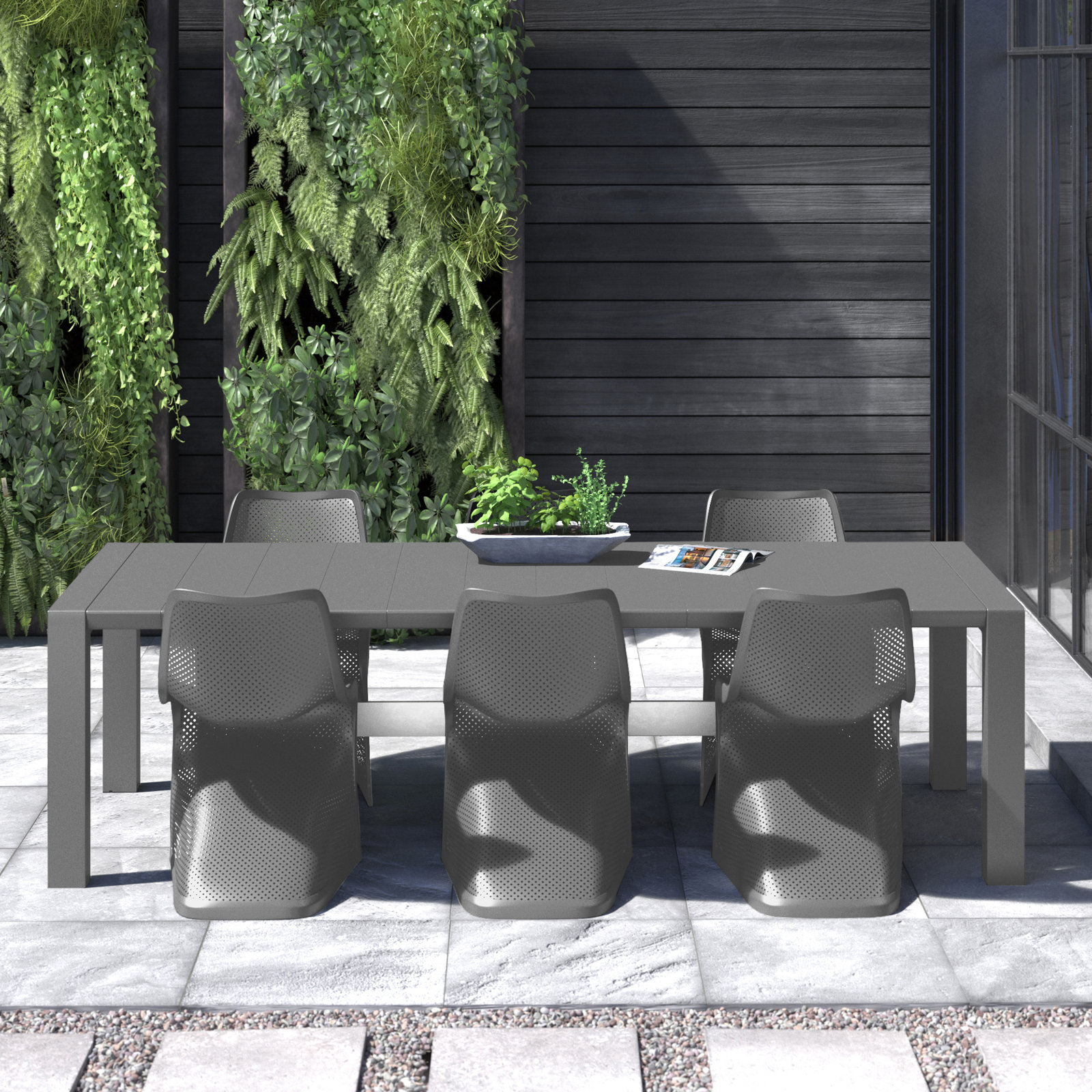 Farrah 118.1" Extendable Plastic 7-Piece Patio Dining Set, Dark Gray