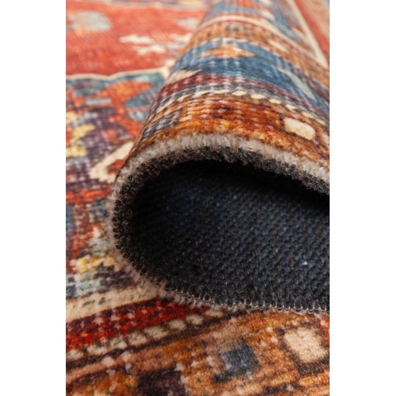 Tapis décoratif rouge en polyester oriental doux au toucher tissé à la machine, Rectangle 6 pi 7 po x 9 pi 11 po