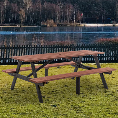 Ensemble de table de pique-nique en bois massif 75 po 75 po Capacité de 2200 lb Brun rustique pour l'extérieur avec trou pour parasol