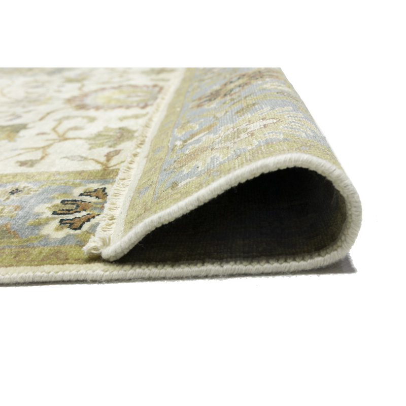 Tapis crème en laine noué à la main à motif floral 5 pi 1 po x 8 pi Floral