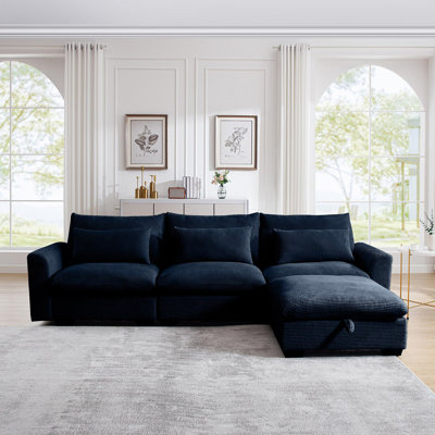 Corduroy Sectional Sofa,  L Shaped Couch With Storage Footstool And 3 Pillow, Sectional Couch For Living Room Apartment