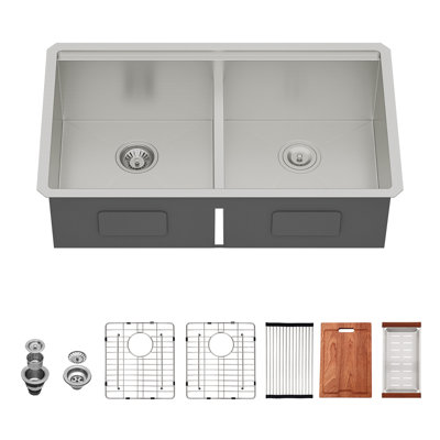 33" Undermount Workstation Kitchen Sink 16 Gauge Double Bowl 50/50 Basin, Brushed Nickel