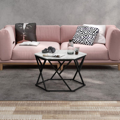 Hexagonal Coffee Table, Cocktail Table, Marble Top With Steel Frame, White