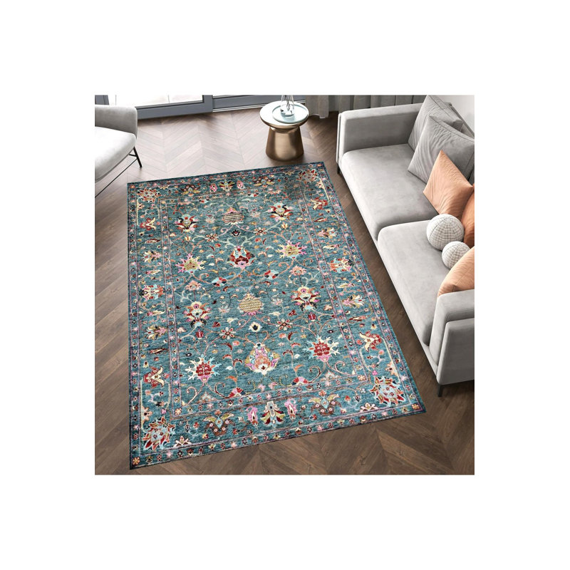 Tapis traditionnel lavable à motif turquoise, Rectangle 2 pi 6 po x 4 pi 11 po 
