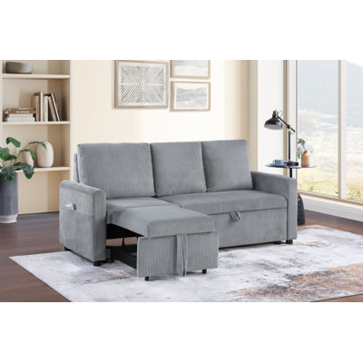 Oswin 70"W Gray Corduroy Sofa With Pull-Out Chaise, Underseat Storage, Side Pocket