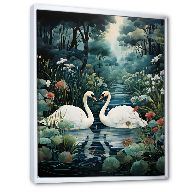 Cygnes, amour éternel, art mural sur toile, H 32 po x l 24 po, Cadre flottant blanc