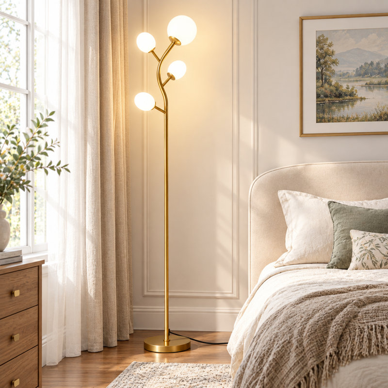 68'' Modern Tree Floor Lamp With Bulbs , Gold Standing Lamp With Frosted Glass Shade For Living Room & Bedroom, Gold