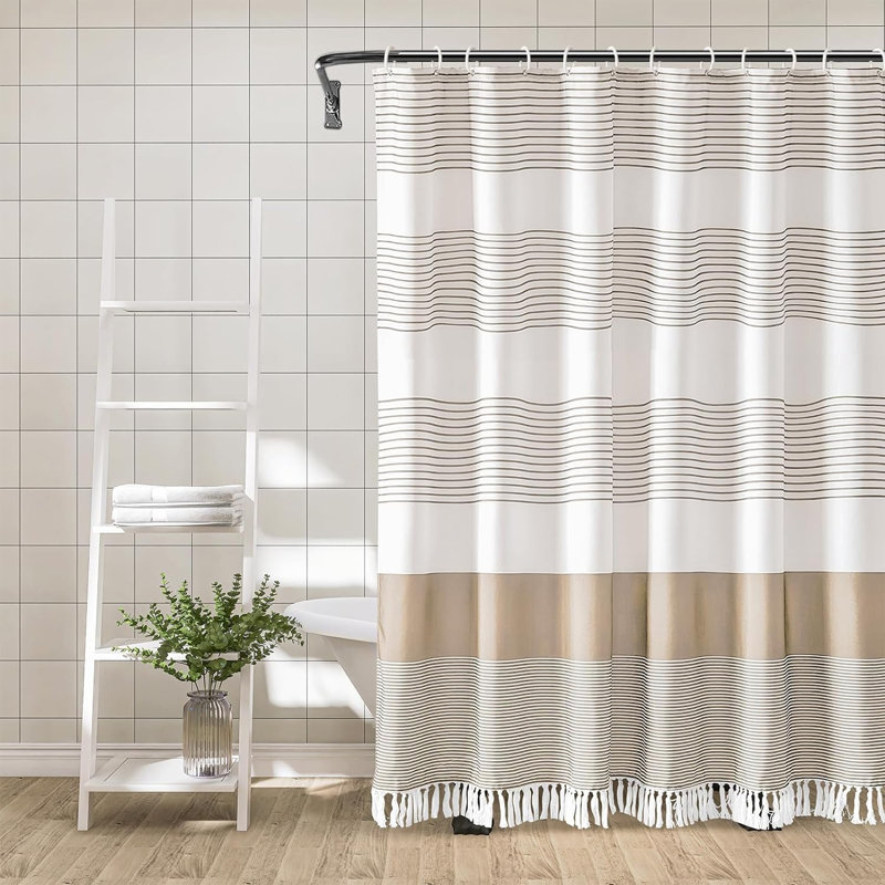 Broddrick Striped Shower Curtain with Hooks Included, Beige