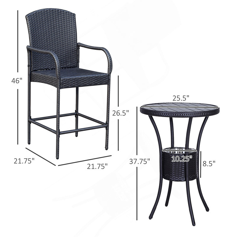 Rattan Wicker Bar Set For 3 PCS With Ice Buckets, Patio Furniture With 1 Bar Table And 2 Bar Stools For Poolside, Backyard, Porches