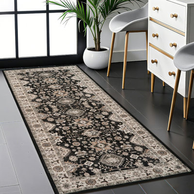 Washable Hallway Rug: Non Slip Rugs with Rubber Backing Soft Kitchen Rug Farmhouse Distressed Carpet Runner for Living Room Bedroom Bathroom (Black)
