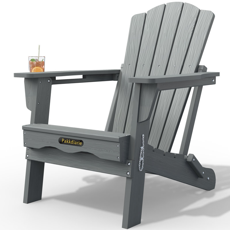 Pakkdiarie All-Weather HDPE Folding Adirondack Chair with Cup Holder for Patio & Garden, Gray