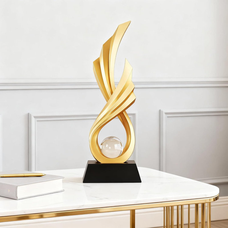 12.2" White & Gold Wing-Shaped Resin Sculpture - Modern Home Office Decor, Gold/Clear