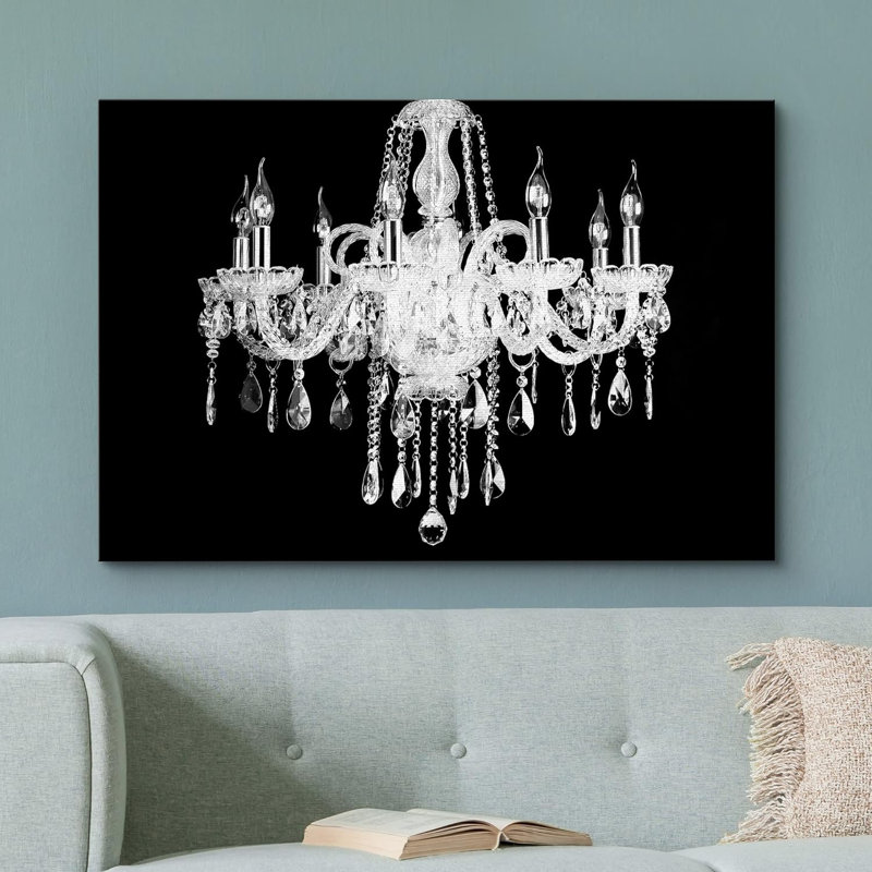 «Ornate Black & White Chandelier Silhouette Decor Lights Modern Art», reproduction d'art sur toile, Toile tendue