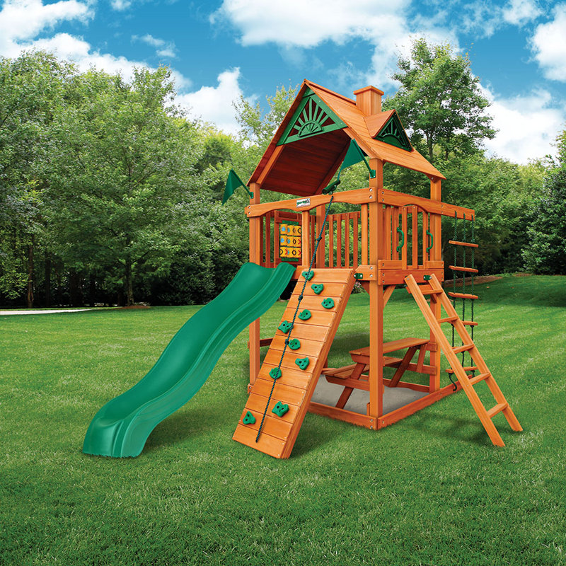 Chateau Tower Cedar Playset with Slide and Climbing Wall