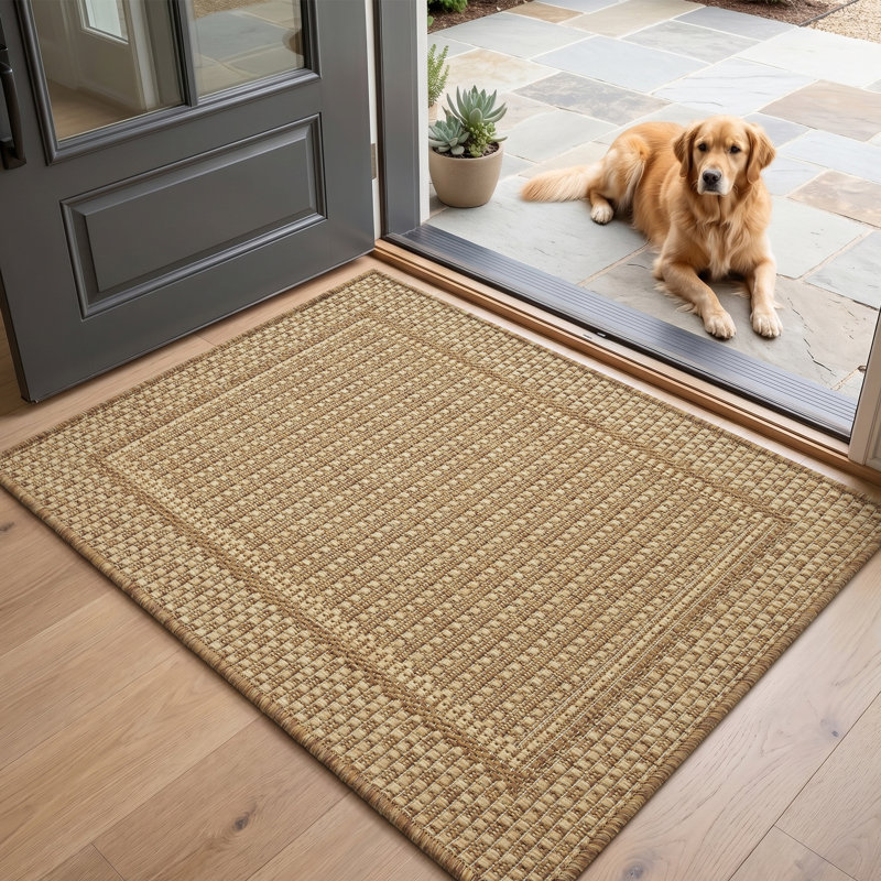 Tapis intérieur/extérieur géométrique beige/brun résistant aux UV, Rectangle 2' x 3'