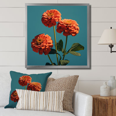 «Zesty Orange and Blue Zinnias Flowers I», reproduction sur toile