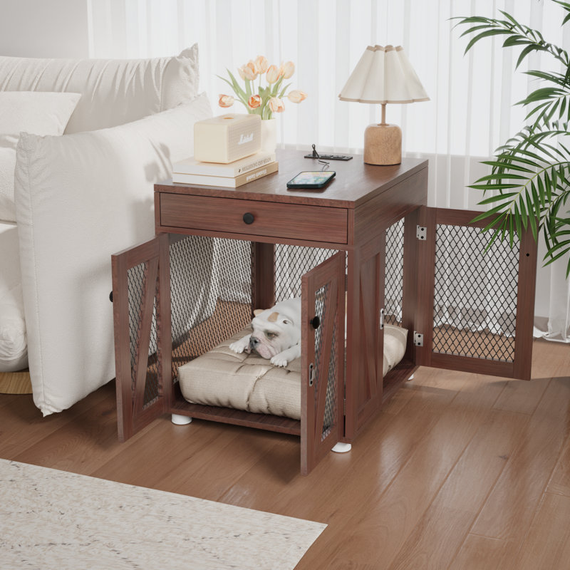 Caisse pour chien en bois manufacturé avec station de charge Feristah, H 24,4 po x l 20 po x P 23,6 po, Walnut Brown