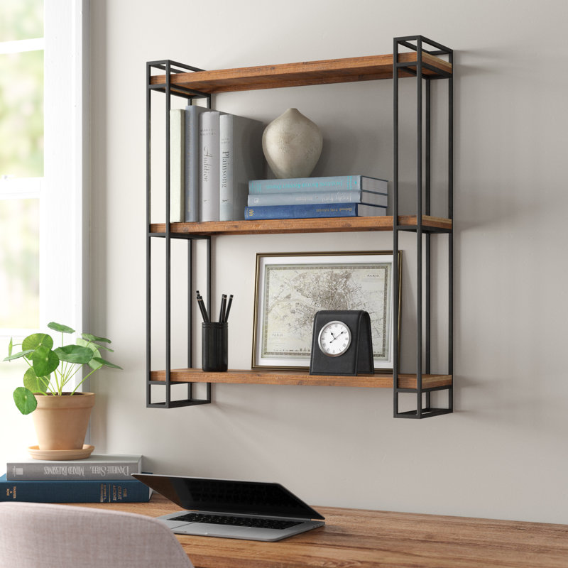 Burchill 26" W Solid Pine Wood 3-Tiered Floating Shelf, Brown/Black