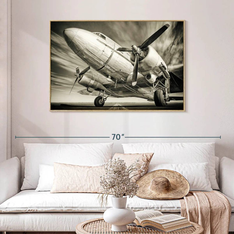 Avion rétro monochrome, Cadre flottant en bois naturel, 46 po x 31 po