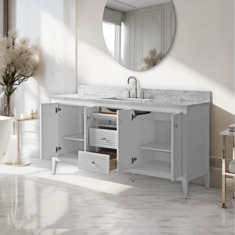 Laval 60" Single Sink Freestanding Bathroom Vanity with Engineered Marble Top, Linear White, Brushed Nickel