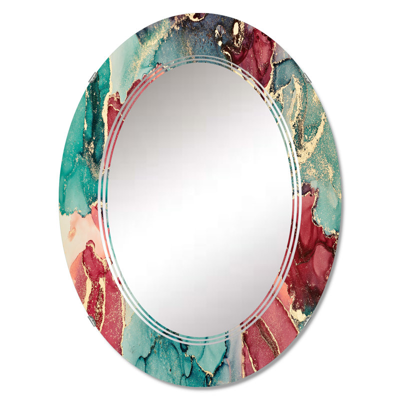 Bleu et mauve luxueux abstrait fluide Art X - miroir mural moderne ovale, 30 po x 20 po
