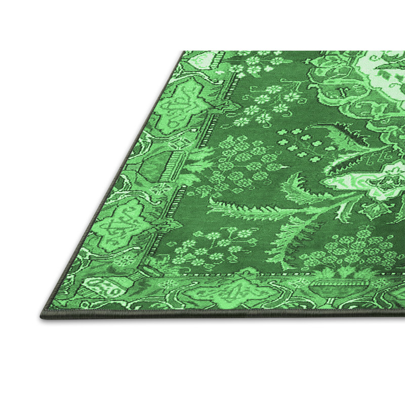 Tapis oriental en laine / polyester tissé à la machine Oldow - vert / ivoire / gris, Rectangle 2 pi x 3 pi