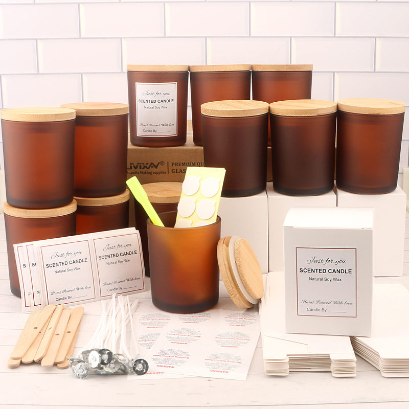 12 pots de bougie en verre ambré 10 oz avec couvercles et trousses de fabrication de bougies - vases à bougie vides pour faire des bougies - épices, contenants à poudre.