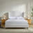 Linen Beige King Size Upholstered Wingback Platform Bed, Minimalist Style, 54 Inch Tall Headboard, Textured Upholstery