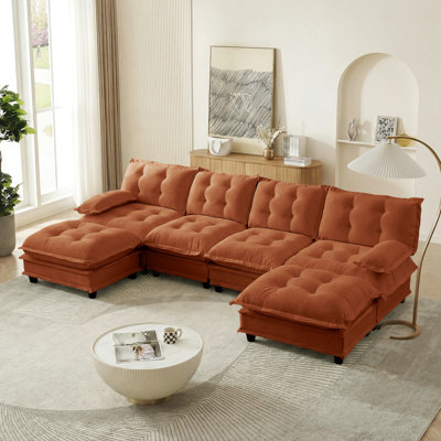 138" U Shaped Modern Sofa Modular Sectional Cloud Couch with  2 Ottomans, 4-Seat Chenille Deep Seat Sofa with Comfy Lattice Decored Seat Cushion, Bedroom and Apartment, Orange