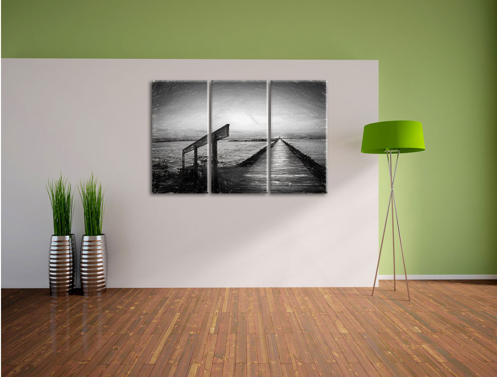 3-tlg. Leinwandbild-Set „Langer Steg im Sonnenuntergang an der Nordsee“, Kunstdruck