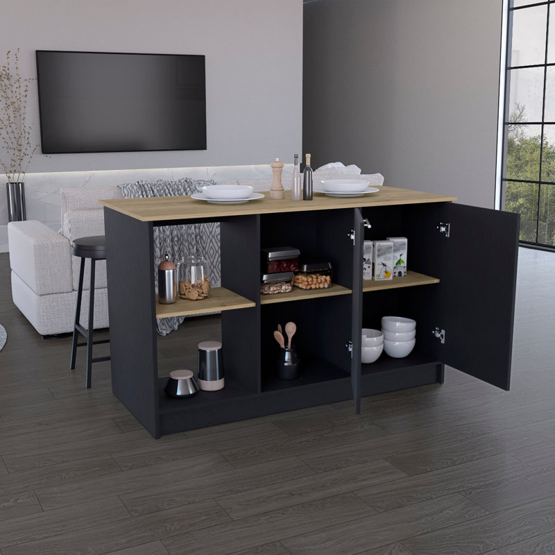 Îlot de cuisine avec grand comptoir, tablettes de rangement ouvertes et armoire à deux portes, noir / macadamia, Noir