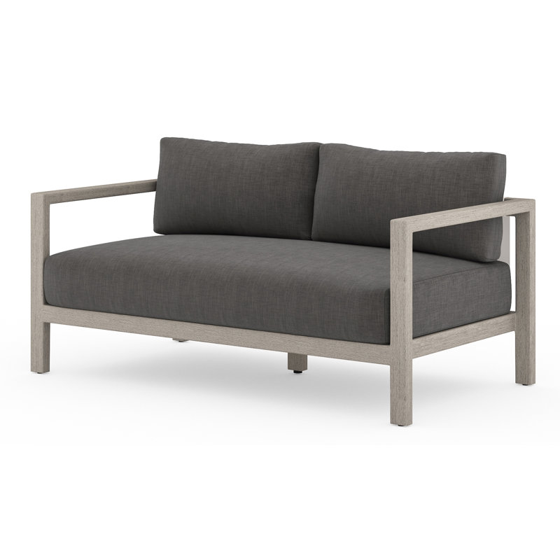 Cavani 59.75'' Wide Teak Loveseat with Cushions, Weathered Gray, Charcoal