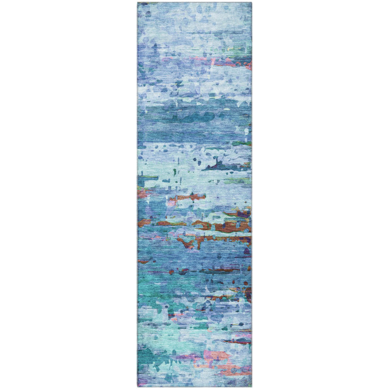Premium Machine Washable Mayfield AMF2035 Abstract Rug, Blue, 2'3" x 7'6" Runner