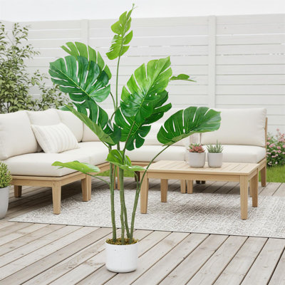 Artificial Monstera Deliciosa Plant in White Tall Planter, Fake Decorative Evergreen Potted Swiss Cheese Floor Tree, Indoor Faux Tropical Plants for Living Room Porch Entryway Office Decor