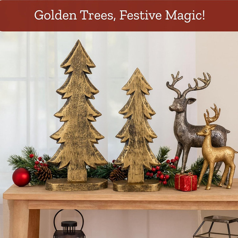 Ensemble de 2 figurines de sapin de Noël - doré - bois / table rustique et centre de table de cheminée / décoration de Noël rétro