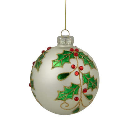 Ornement boule de Noël en verre blanc 4,5 "avec feuilles de houx