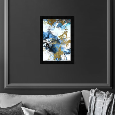 Blue Gold Abstract Shapes Coastal Framed Art Print For Bedroom