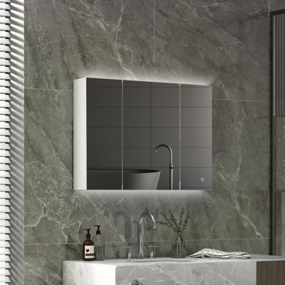 Armoire à pharmacie lumineuse avec miroir, miroir de salle de bain mural 26 po x 36 po avec rangement, armoire murale de salle de bain 3 couleurs avec charge USB, tablette réglable, blanc ultrabrillant