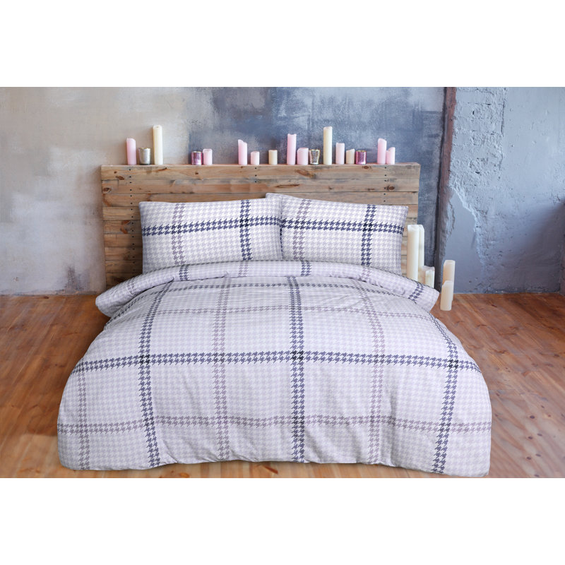 Cotton Houndstooth Duvet Cover Set with Pillowcases, Kingsize - 2 Standard Pillowcases, Lilac