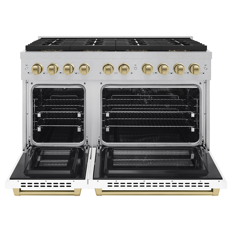 ZLINE Autograph Edition 48 in. 6.7 cu. ft. Paramount Dual Fuel Range W/ 8 Burner DuoPro Cooktop and Dual Ovens in Satin Stainless Steel W/ White Matte Doors and Champagne Bronze Accents