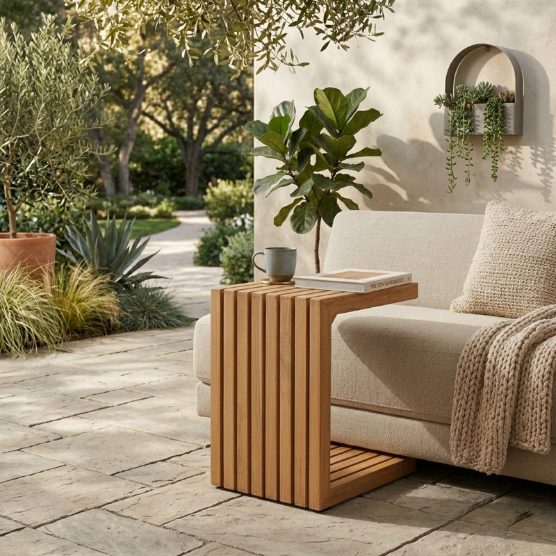 Table d'appoint et tabouret d'appoint en teck convertible en teck massif - Table de bout d'extérieur à lattes 2 en 1 résistante aux intempéries pour patio, canapé ou chevet