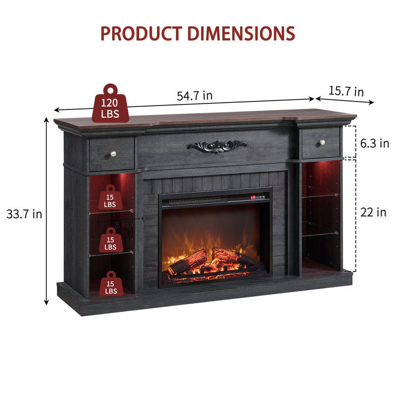 54.7" Electric Fireplace with Mantel, Fireplace TV Stand for 60 Inch TV with Storage, Gray