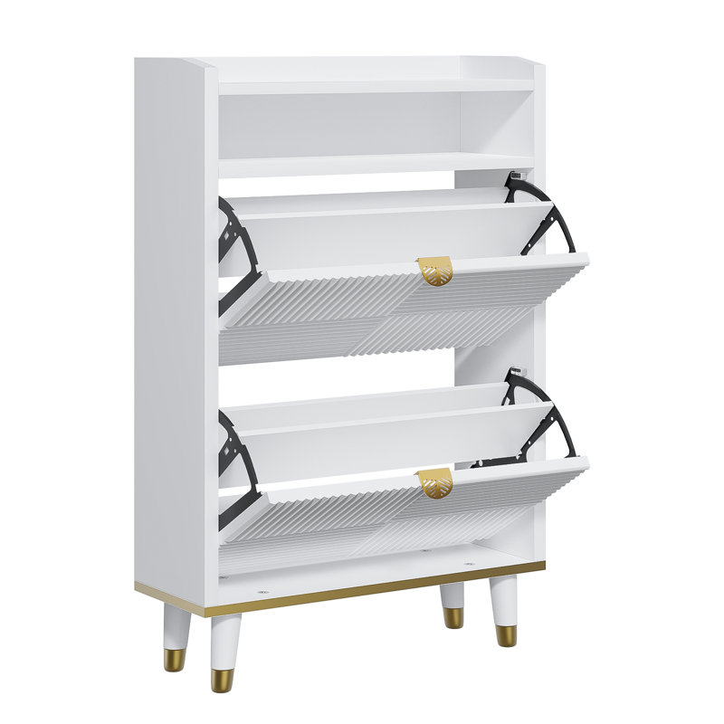Mordern Shoe Storage Cabinet With Gold Handle and Gold Feet, 2 Flip-Out Drawers