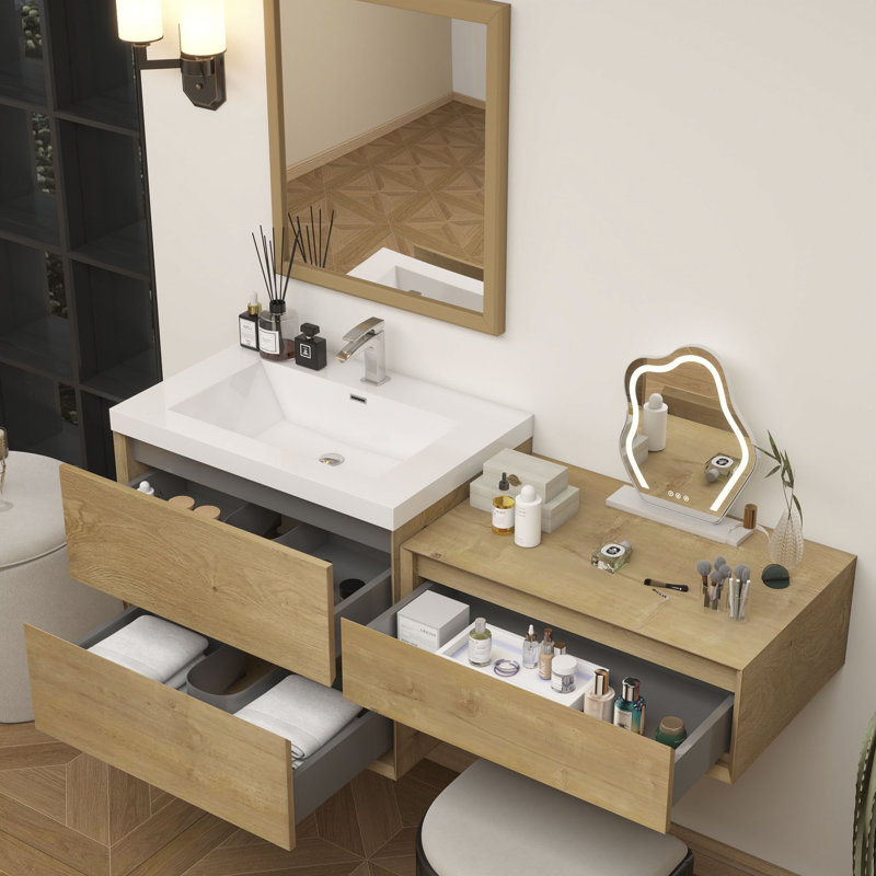 Meuble-lavabo mural 54 po avec évier en acrylique renforcé Aliki, Chêne